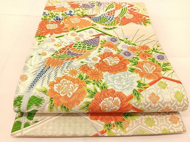 平和屋着物◎六通柄袋帯 唐織 鳳凰花文 銀糸 正絹 逸品 BAAU2480yc