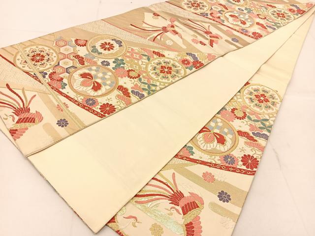 平和屋着物◎六通柄袋帯 唐織 鳳凰花丸文 金糸 正絹 逸品 BAAU2491yc