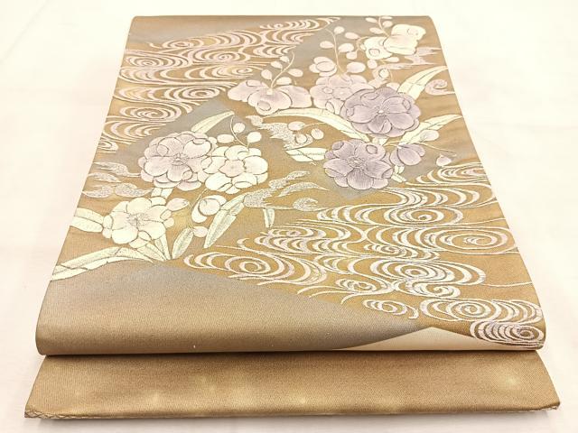 平和屋着物◎西陣 太鼓柄袋帯 刺繍 草花文 銀糸 証紙付き 正絹 逸品 BAAU2520yc