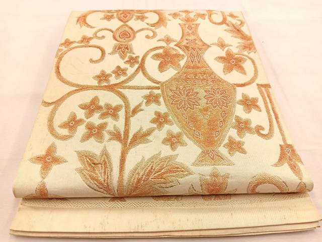 平和屋着物◎六通柄 本袋帯 陶器花文 金糸 正絹 逸品 BAAU2570yc