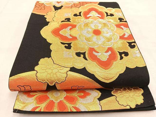 平和屋着物◎六通柄袋帯 正倉院花文 黒地 金銀糸 正絹 逸品 BAAU2572yc