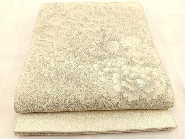 平和屋着物◎太鼓柄袋帯 綴れ 孔雀花文 銀彩 正絹 逸品 BAAU2574yc