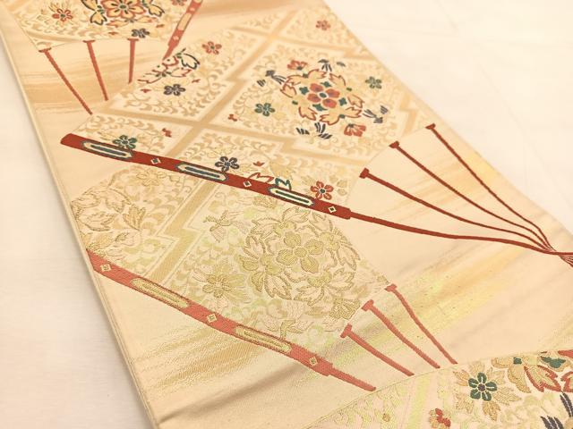 平和屋着物◎六通柄袋帯 唐織 扇面に有職華紋 金糸 正絹 逸品 BAAU2579yc