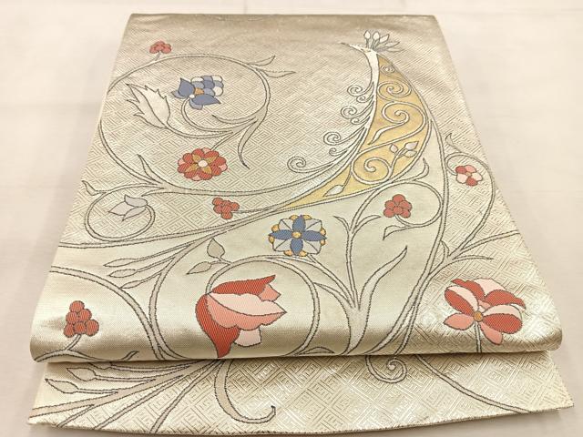 平和屋着物◎六通柄袋帯 孔雀花唐草文 金銀糸 正絹 逸品 BAAU2826yc