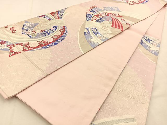 平和屋着物◎六通柄袋帯 唐織 水曲菊熨斗文 銀糸 正絹 逸品 BAAU3016hj