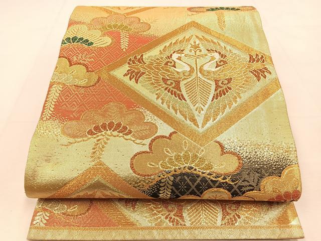 平和屋着物◎六通柄袋帯 唐織 双鶴松文 金糸 正絹 逸品 BAAU3061hj