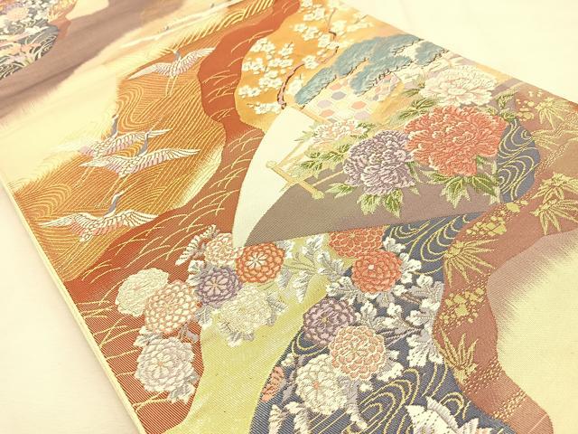 平和屋着物◎六通柄袋帯 唐織 道長流水鶴文 金糸 正絹 逸品 BAAU3064hj
