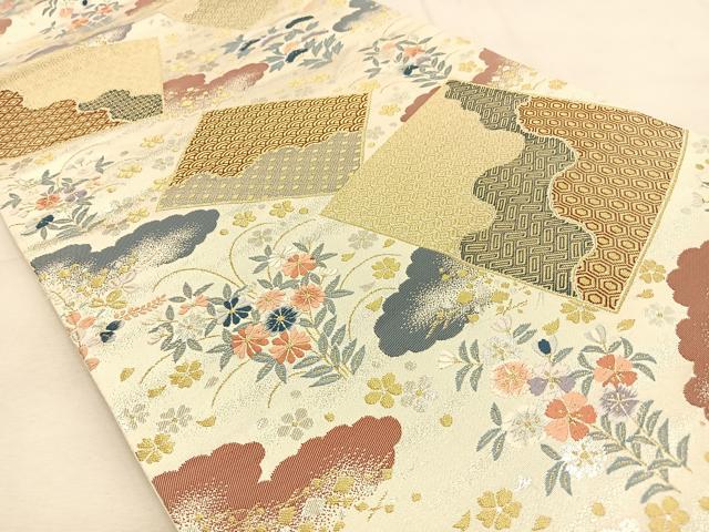 平和屋着物◎六通柄袋帯 唐織 色紙取小花文 金銀糸 正絹 逸品 BAAU3070hj
