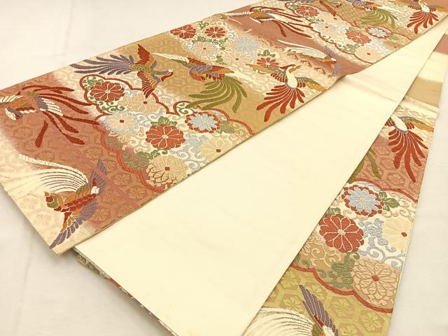 平和屋着物◎六通柄袋帯 唐織 雲取り花鳥文 金糸 正絹 逸品 BAAU3108hj