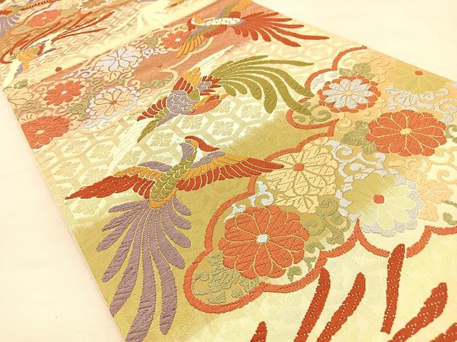 平和屋着物◎六通柄袋帯 唐織 雲取り花鳥文 金糸 正絹 逸品 BAAU3108hj