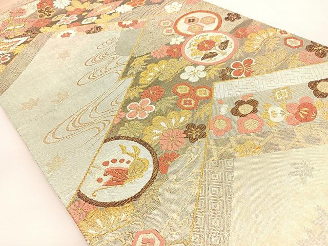 平和屋着物◎六通柄袋帯 唐織 松竹梅 双鶴花蝶文 金銀糸 正絹 逸品 BAAU3130hj