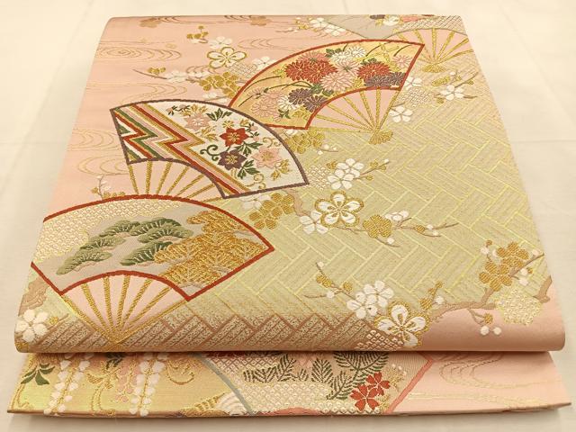 平和屋着物◎六通柄袋帯 唐織 扇面松花文 金糸 正絹 逸品 BAAU3134hj