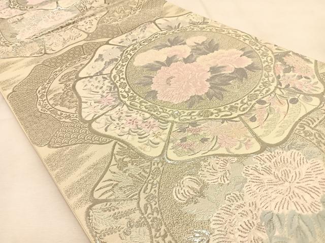 平和屋着物◎六通柄袋帯 唐織 花絵皿 銀糸 正絹 逸品 BAAU3165hj