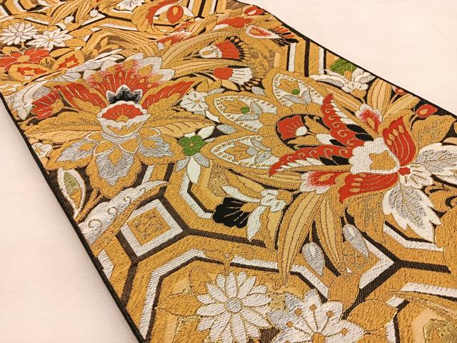 平和屋着物◎六通柄京袋帯 花唐草文 黒地 金銀糸 正絹 逸品 BAAU3191hj