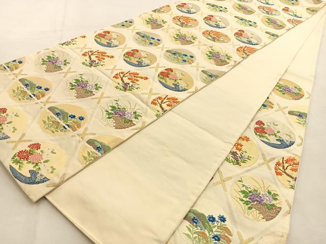 平和屋着物◎六通柄袋帯 唐織 菱天井花丸文 金銀糸 正絹 逸品 BAAU3216hj