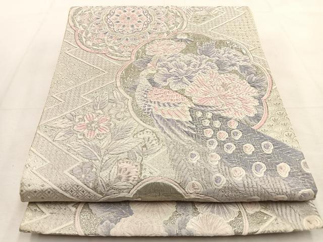 平和屋着物◎六通柄袋帯 唐織 正倉院孔雀花文 九百錦 プラチナ箔 正絹 逸品 BAAU3238hj
