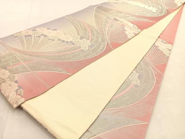 平和屋着物◎六通柄袋帯 唐織 孔雀羽根花文 銀糸 正絹 逸品 BAAU3266hj
