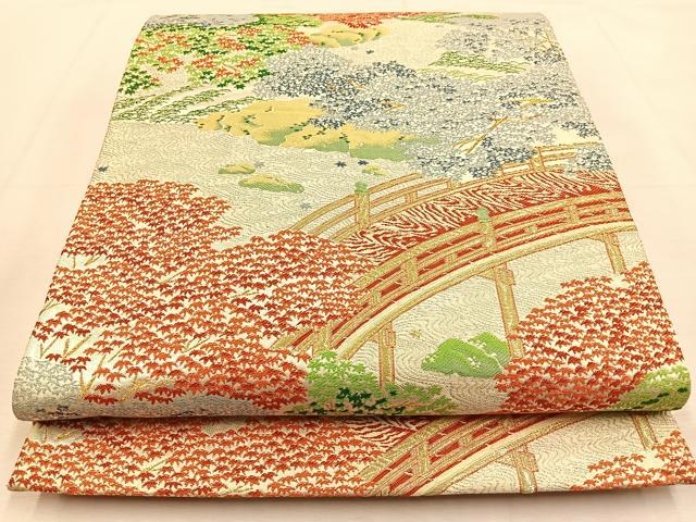 平和屋着物◎六通柄袋帯 唐織 渡橋風景文 金銀糸 正絹 逸品 BAAU3279hj