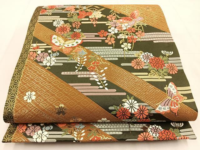 平和屋着物◎六通柄袋帯 唐織 花蝶文 金糸 正絹 逸品 BAAU3317hj