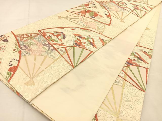 平和屋着物◎六通柄袋帯 唐織 扇面向かい鳥花文 金糸 正絹 逸品 BAAU3329hj