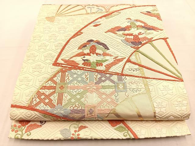平和屋着物◎六通柄袋帯 唐織 扇面向かい鳥花文 金糸 正絹 逸品 BAAU3329hj
