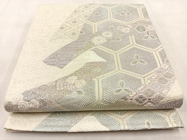 平和屋着物◎六通柄袋帯 唐織 熨斗亀甲花文 銀糸 正絹 逸品 BAAU3363hj