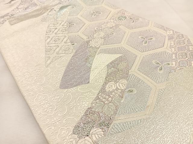 平和屋着物◎六通柄袋帯 唐織 熨斗亀甲花文 銀糸 正絹 逸品 BAAU3363hj