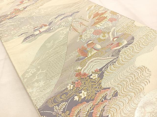 平和屋着物◎六通柄袋帯 唐織 鴛鴦秋草文 金銀糸 正絹 逸品 BAAU3415hj