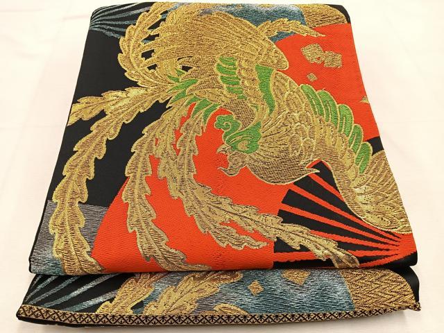 平和屋着物◎六通柄袋帯 扇面鳳凰文 黒地 金銀糸 BAAU3416hj