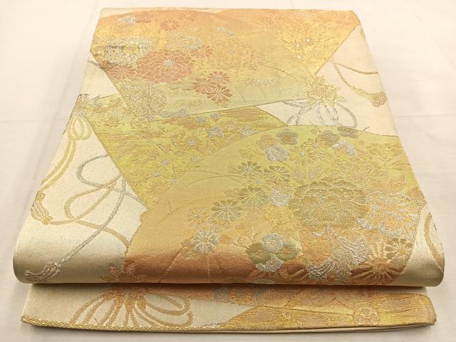 平和屋着物◎六通柄袋帯 扇面花車文 金銀糸 正絹 逸品 BAAU3417hj