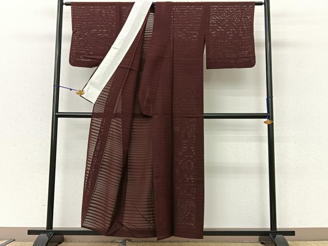 平和屋着物*夏物 色無地 横縞絞絽 栗皮茶色 正絹 逸品 BAAU3427hj