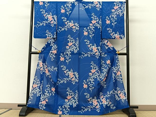 平和屋着物*夏物 小紋 絽 草花文 洗える着物 BAAU3434hj