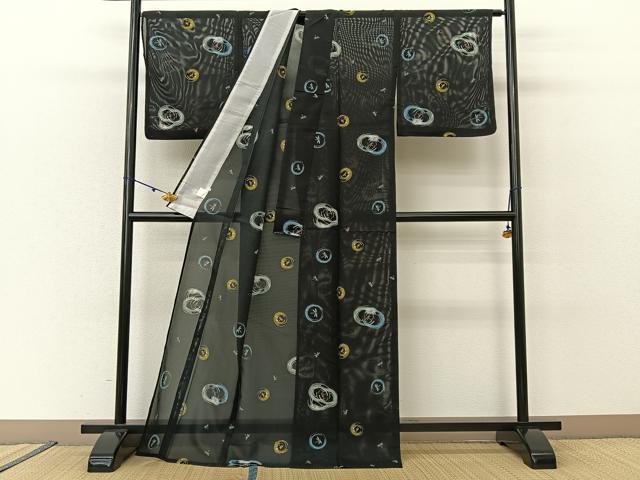 平和屋着物*夏物 小紋 絽 とんぼ丸文 黒地 洗える着物 BAAU3468hj