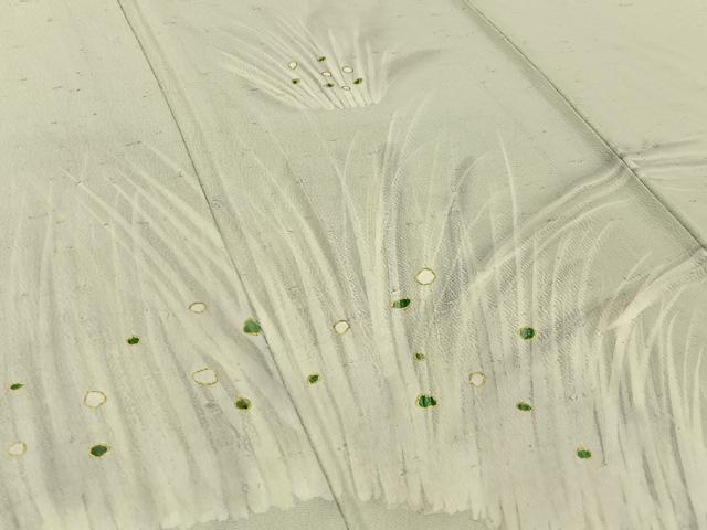 平和屋着物▽訪問着 単衣 草葉文 金彩 お召縮緬 正絹 逸品 BAAU3487hj