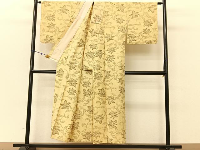 平和屋着物▽上質な紬 単衣 更紗花唐草文 正絹 逸品 BAAU3494hj