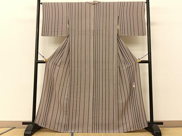 平和屋着物▽重要無形文化財 人間国宝 伊勢型紙縞彫師 児玉博 小紋 単衣 縞 鬼しぼ縮緬 正絹 逸品 BAAU3497hj