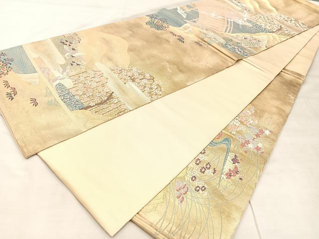 平和屋着物◎六通柄袋帯 唐織 渡橋飛鶴花文 金銀糸 引箔 正絹 逸品 BAAU4001mz