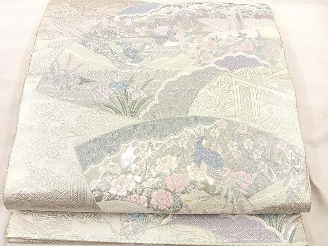 平和屋着物◎六通柄袋帯 唐織 地紙花鳥文 銀糸 正絹 逸品 BAAU4012mz