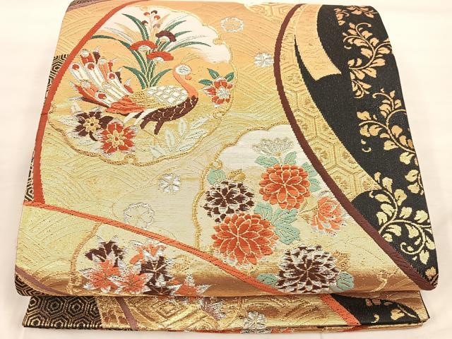 平和屋着物◎六通柄袋帯 唐織 雪輪孔雀花文 黒地 金銀糸 正絹 逸品 BAAU4023mz