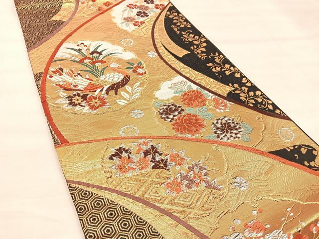 平和屋着物◎六通柄袋帯 唐織 雪輪孔雀花文 黒地 金銀糸 正絹 逸品 BAAU4023mz