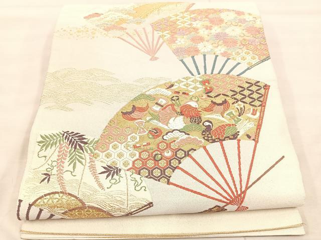 平和屋着物◎太鼓柄袋帯 唐織 綴れ 福貴玉宝扇面散 金糸 正絹 逸品 BAAU4034mz