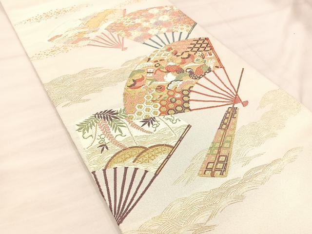 平和屋着物◎太鼓柄袋帯 唐織 綴れ 福貴玉宝扇面散 金糸 正絹 逸品 BAAU4034mz