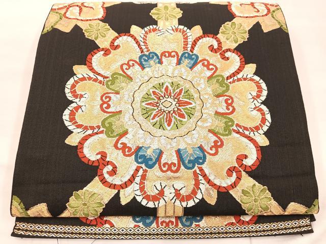 平和屋着物◎六通柄 本袋帯 正倉院花文 黒地 金糸 正絹 逸品 BAAU4047mz