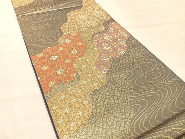 平和屋着物◎六通柄袋帯 流水花文 金糸 引箔 正絹 逸品 BAAU4051mz