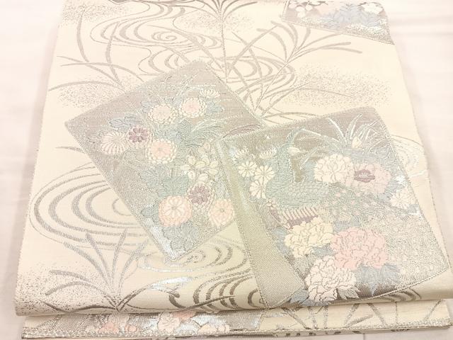 平和屋着物◎六通柄袋帯 唐織 色紙重ね孔雀花文 銀糸 正絹 逸品 BAAU4056mz