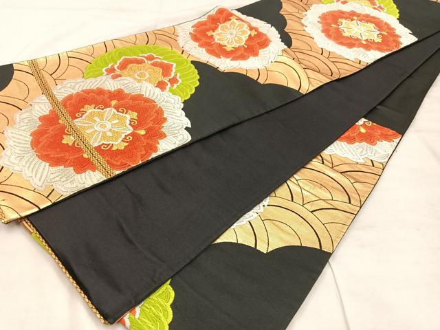 平和屋着物◎六通柄袋帯 唐織 青海波花文 黒地 金銀糸 正絹 逸品 BAAU4060mz