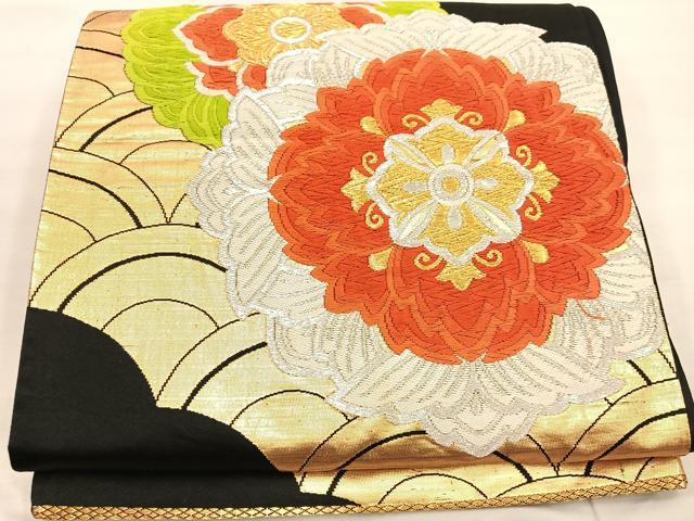 平和屋着物◎六通柄袋帯 唐織 青海波花文 黒地 金銀糸 正絹 逸品 BAAU4060mz