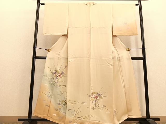 平和屋着物▽訪問着 単衣 駒刺繍 地紙花文 暈し染め金彩 正絹 逸品 BAAU4654gt