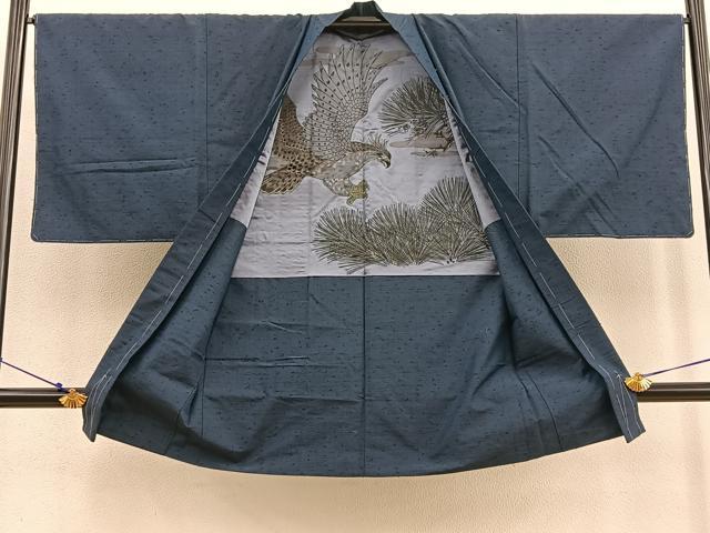平和屋着物●男性 紬 髭紬羽織セット 霞文 羽裏:鷹 長羽織 正絹 逸品 未使用 BAAU4678gt