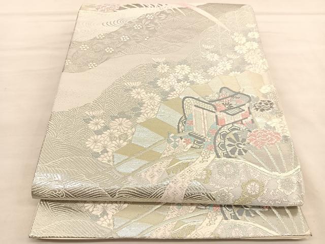 平和屋着物◎六通柄袋帯 唐織 花車扇鳥文 プラチナ二重箔 正絹 逸品 BAAU4884hv